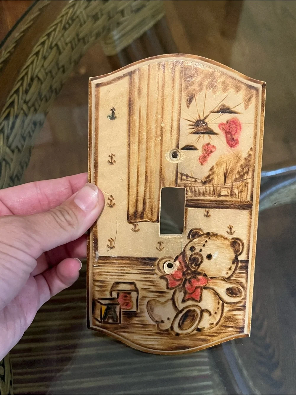 Handcrafted Teddy Bear Wood Light Switch Cover - Cream and Brown